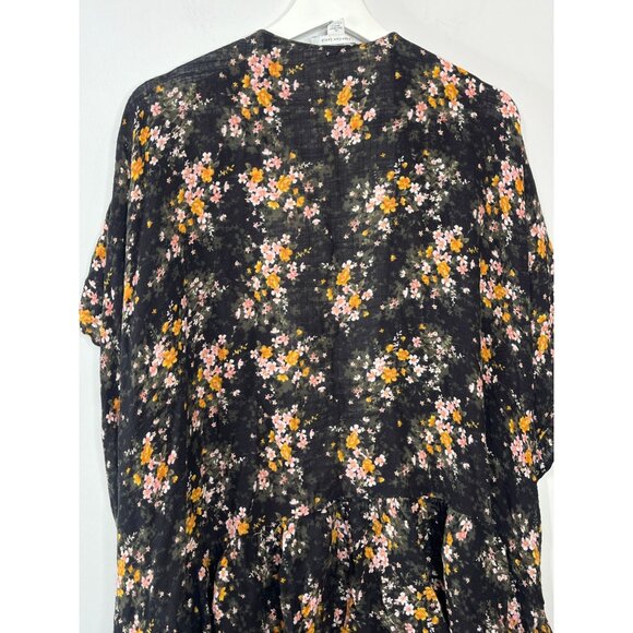 American Eagle Boho Floral Ruffle Kimono Cardigan One Size Black Pink - Picture 7 of 16